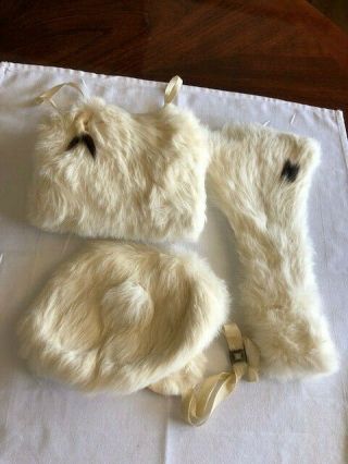 Vintage 1950s Child Matching White Rabbit Fur Black Tippits Muff Collar Hat