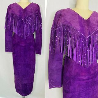 Vintage 80s Purple Suede Fringe Dress Size M Medium Western Rodeo Sequin
