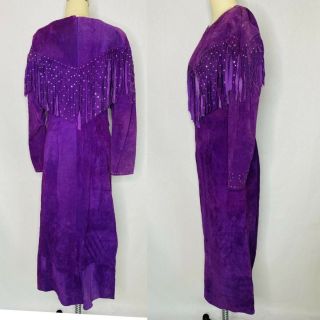 Vintage 80s Purple Suede Fringe Dress Size M Medium Western Rodeo Sequin 2