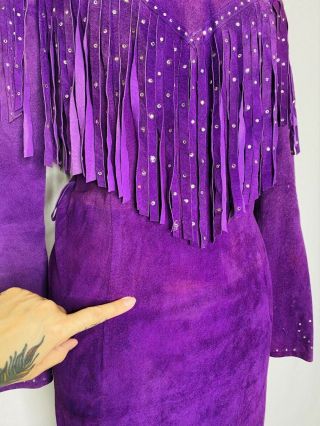Vintage 80s Purple Suede Fringe Dress Size M Medium Western Rodeo Sequin 3
