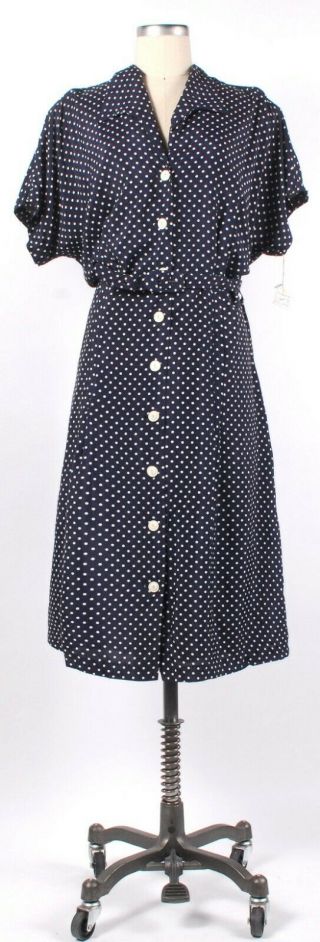 Vintage 50s Navy Blue & White Polka Dot Cold Rayon Dress W/original Tags 2xl Xxl