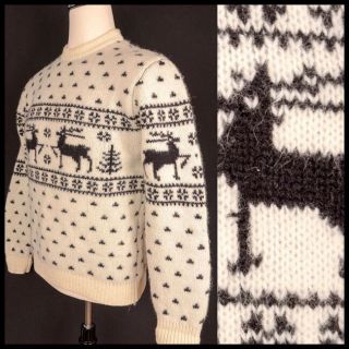 Vtg 80s Shetland Wool United Colors Benetton Nordic Reindeer Sweater Retro L