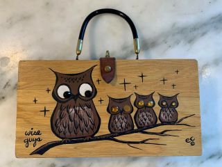 Vintage 1966 Enid Collins Signed Wood Box Bag Purse Wise Guys Owls Hand Painted