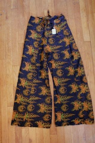 Vintage Old Stock 70s Style Navy Orange Psychedelic Batik Wide Leg Wrap Pants