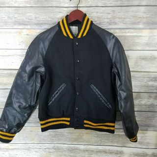 Vtg 70s Unbranded Sz S Varsity Jacket Wool Letterman Blank Rockabilly Black Gold