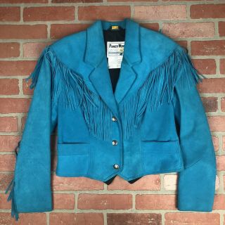 Vintage Pioneer Wear Womens Fringe Leather Jacket Sz 10 Turquoise 21117
