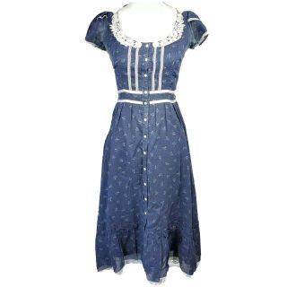 Gunne Sax Jessica McClintock Blue Floral Calico Prairie Midi Dress 7 Vintage 2