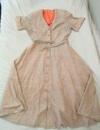 Vtg 40s/50s Rockabilly House Day Dress Orange Fleck With Lucite Buttons Belted