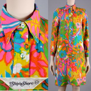 M/l Vintage 1960s Bright Neon Psychedelic Long Sleeve Mini Mod Shift Dress 60s