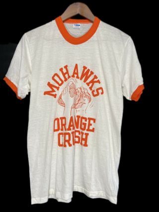 Vtg 70s Champion Blue Bar Ringer T Shirt White Sz L Nos Orange Crush Football