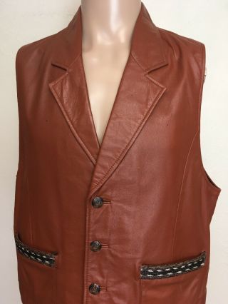 Vtg Pioneer Wear Western Leather Vest Reddish Brown Striped Trim Buttoned Soft L