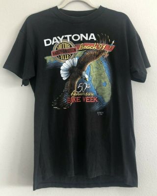 Vintage 1990s Harley Davidson 3d Emblem Daytona Beach Bike Week Tshirt Mens M/l