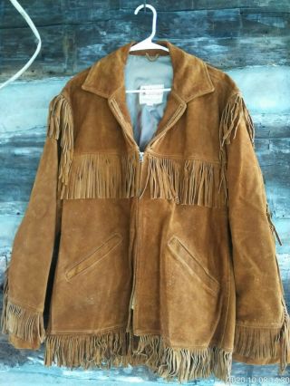 Vintage Mens L Brown Berman Buckskin Coat Suede Leather Fringe Jacket Size 42