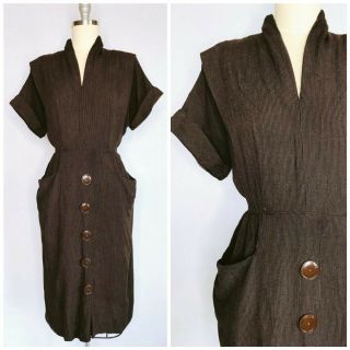 Vintage 40s 50s Career Shirt Day Dress Size Xl Large Brown Front Pockets Vlv