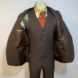 Vtg 60s 70s 3 Piece Suit Polyester Mens 40 Jacket Vest 33 30 Pants Brown Disco