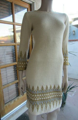 Vtg 90s Soft Hand Knit In Norway Wool Sweater Dress W/ Gold & Silver Design S