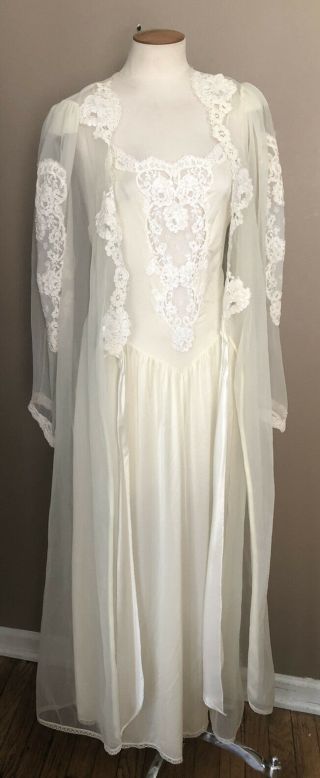 Vtg Vanity Fair Bridal Robe Gown Peignoir Set S/m Pinup Retro Bridal Ivory Nylon