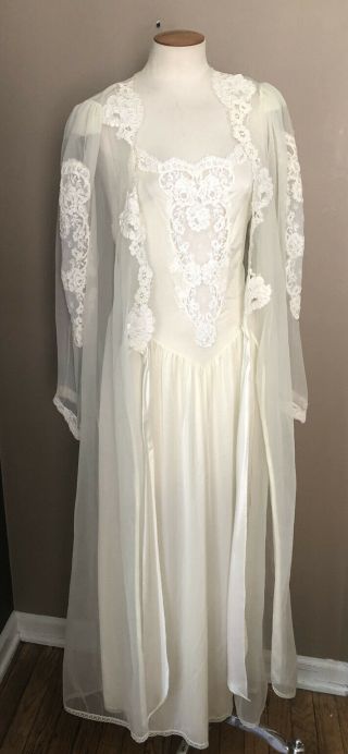 Vtg Vanity Fair Bridal Robe Gown Peignoir Set S/M Pinup Retro Bridal Ivory Nylon 2