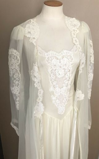 Vtg Vanity Fair Bridal Robe Gown Peignoir Set S/M Pinup Retro Bridal Ivory Nylon 3