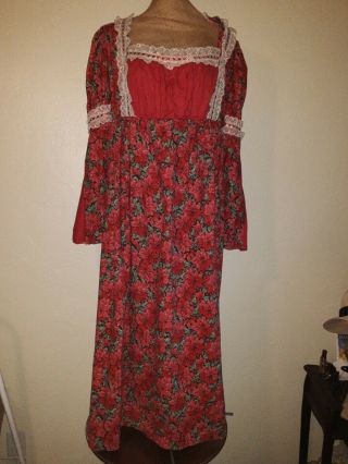 Vtg 70s Gunne Sak,  Prairie Style Maxi Dress,  Christmas Print,  Empire Waste Large