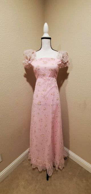 Vintage 60s 70s Prairie Cottage Core Southern Bell Pink Floral Maxi Puff Sleeves