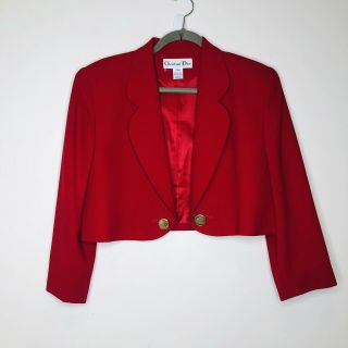 1980s Vintage Christian Dior Red Wool Bolero Short Blazer Jacket Women 10 Gold