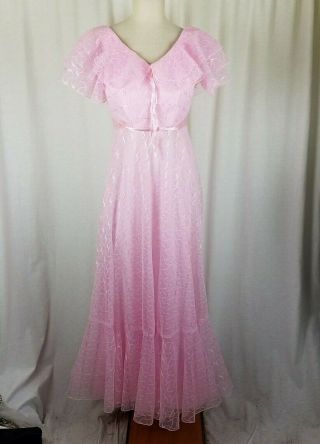 Vintage 80s Pink Chiffon Embroidered Party Prom Formal Maxi Dress Womens 5 6 Usa