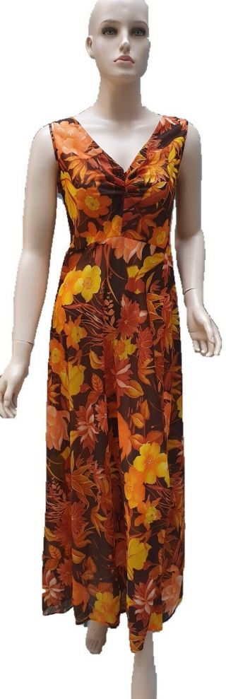 Vintage 60s 70s Hostess Dress Fits Xs Gown Maxi Floral Retro Vguc