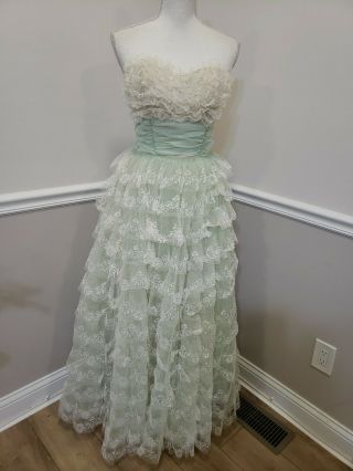 Vintage Victorian Mint/ivory Lace Ruffle Prom Dress Size S/xs Evening Gown