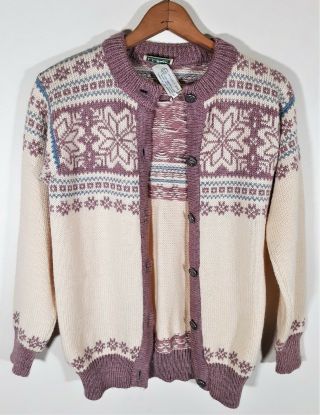 Ll Bean Vintage Norwegian 100 Wool Fair Isle Snowflake Cardigan Sweater Euc M