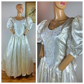 Vintage 80s Party Prom White Shiny Satin Wedding Princess Tulle Bow Gown Dress M
