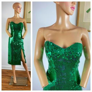 Vtg 80s Party Prom Trophy Dynasty Green Sequin Strapless Body Con Disco Dress M