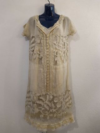 Antique 1920’s Net Lace Flapper Dress & Slip 2 Piece Vintage Rare Cutwork Detail