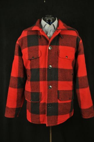 Vintage Johnson Woolen Mills Red & Black Buffalo Plaid Wool Hunting Coat 44 Usa