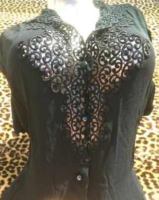 French Stunning 1930s Women Fitted Blouse Luxurious Black Rayon & Cutwork Rare L