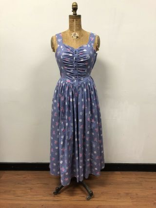 Vintage 1980’s Laura Ashley Purple Floral Cotton Rouched Dress,  Great Britain