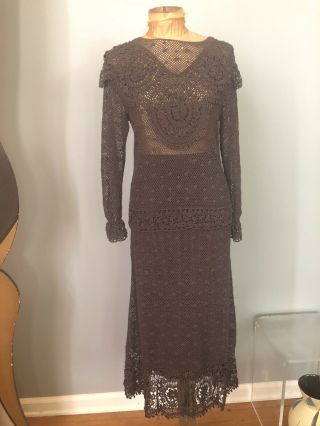 Vtg Two 2 Piece Dress Set Brown Crochet Knit Flower Blouse & Skirt S/m 70s Boho