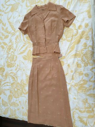 Vintage 40s Linen Skirt Suit Short Sleeve Peplum Peach Xs Floral Embroidery
