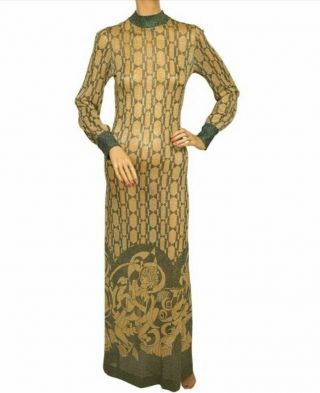 Vintage 70s Art Deco Hand Printed Gold Lame Pelilla Made In Italy Gown