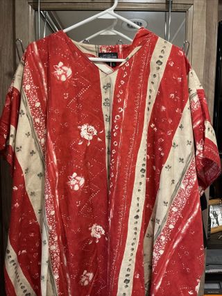 Vtg J.  Peterman Red Flowers Caftan Cotton Dress Hippie/ Boho Pockets One Size