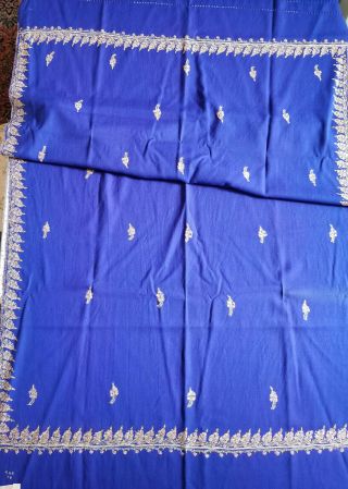 Vintage Kashmir Hand Embroidered Wool Blue Wrap Throw Blanket Table Runner
