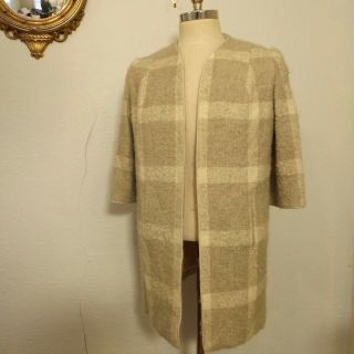 Vtg 60s Lilli Ann Open Front Jacket Coat Plaid Cream Tweed Boucle Mohair Sz M