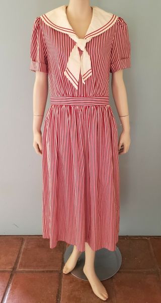 Laura Ashley Vintage 1980s Red & White Striped Sailor Dress Sz 6/8 100 Cotton
