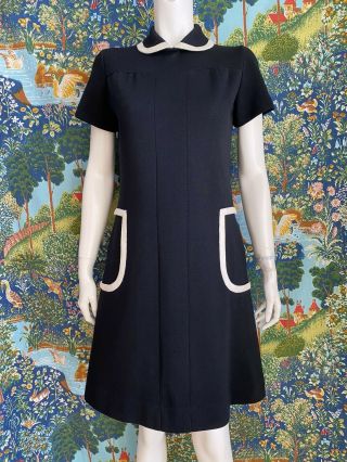 Space Age Mod 1960s Wool Mini Sweater Dress Two Tone Black Knit 60s Go Go S