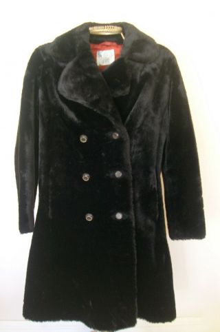 Womens 1960s Vintage Black Faux Fur Winter Coat Double Breasted Full Length Sz16