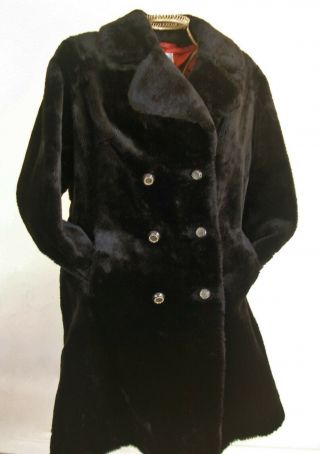 Womens 1960s Vintage BLACK FAUX FUR WINTER COAT Double Breasted Full Length sz16 2