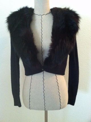 Vintage 50s Black Sweater Fur Shawl Collar Mink Cardigan Size Xs S