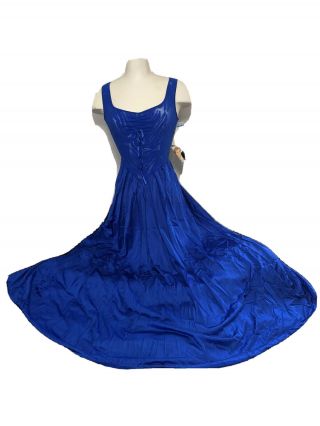 Nos Vtg Olga S Royal Blue Bodysilk Nylon Lace Nightgown 124” Full Sweep 92199