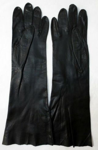 Size 8,  15 1/4 Inch Vintage Black Kidskin Long Leather Gloves