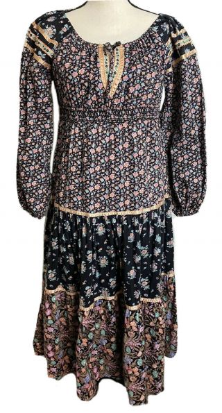 Vtg 70/80s Young Edwardian By Arpeja Boho Hippie Floral Tiered Midi Dress - Sz S/m